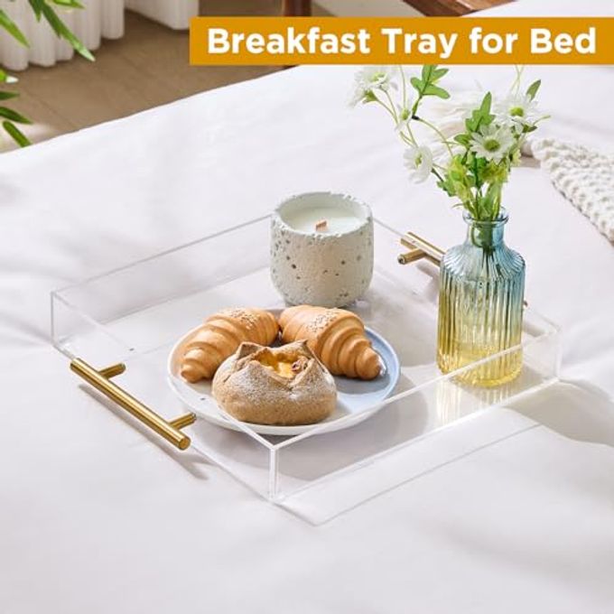 Moonlit Pond 12"x12" Clear Acrylic Serving Tray with Golden Handles, Sturdy Huge Capacity Acrylic Trays for Coffee, Juice, Kitchen and Desk Organizer, Storage Tray (12"x12") - Image 2