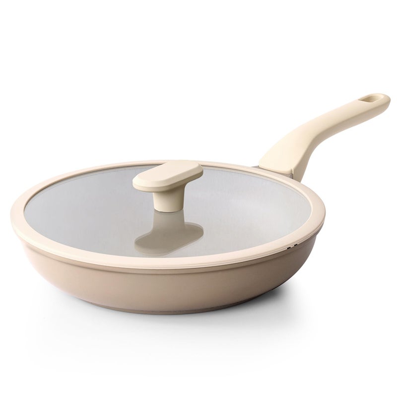 PRICUSIS Nonstick Frying Pan with Lid Healthy Skillet Egg Pan Nonstick Omelet Pan Chefs Pan PFOA PTFE Free Induction Compatible 8Inch WL Natural Linen
