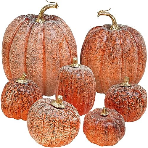Winlyn 7 Pcs Assorted Orange and Black Artificial Pumpkins Harvest Decorative Pumpkins for Rustic Farmhouse Fall Wedding Thanksgiving Halloween Table Centerpiece Mantel Shelf Seasonal Dcor - Image 1