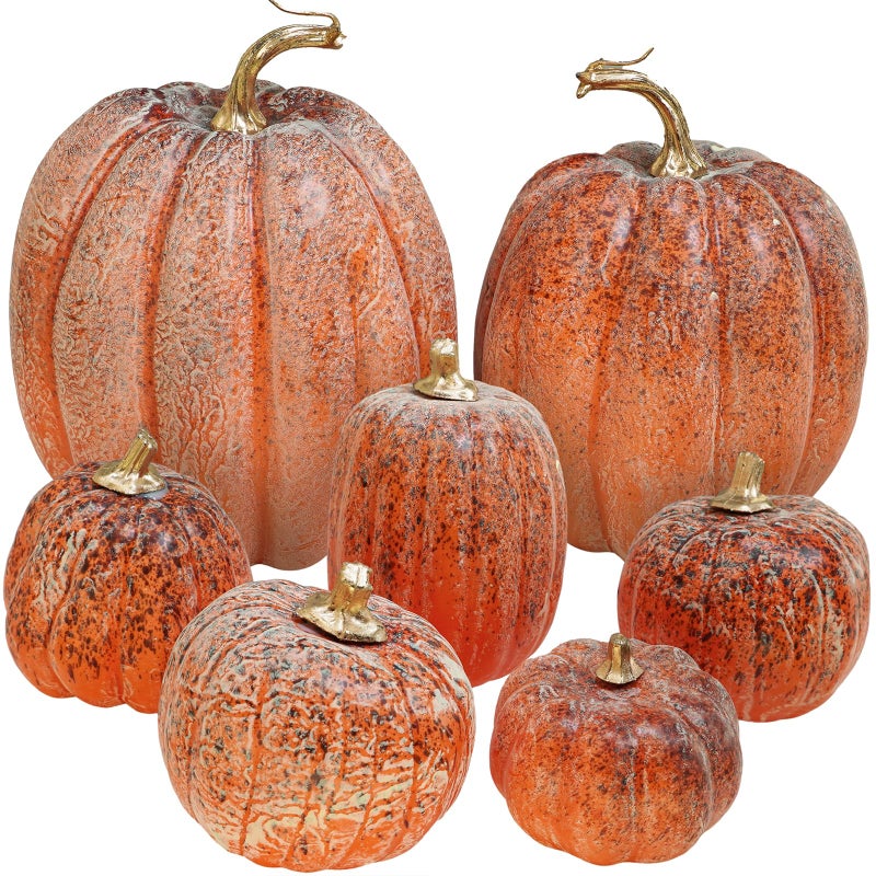 Winlyn 7 Pcs Assorted Orange and Black Artificial Pumpkins Harvest Decorative Pumpkins for Rustic Farmhouse Fall Wedding Thanksgiving Halloween Table Centerpiece Mantel Shelf Seasonal Dcor - Image 2