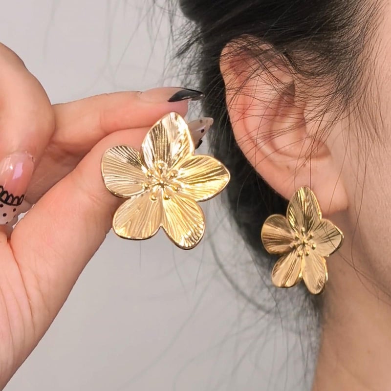 HTH Gold Flower Earrings Big Floral Statement Stud Earrings for Women Spring Summer Jewelry - Image 3