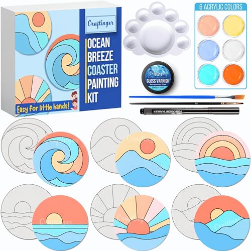 Craftinger Coaster Painting Kit for Kids | DIY Art & Craft Set with 6 Pre-Marked Coasters, Acrylic Colors, Brushes, Palette Tray & Gloss Varnish | Creative Painting Gift Box for Boys & Girls, Home, Office, Activity, Coloring Tea Cup Table Birthday Kitchen (Ocean Theme) - Image 1