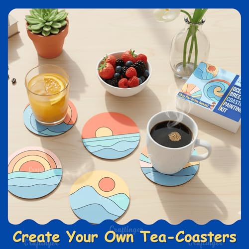 Craftinger Coaster Painting Kit for Kids | DIY Art & Craft Set with 6 Pre-Marked Coasters, Acrylic Colors, Brushes, Palette Tray & Gloss Varnish | Creative Painting Gift Box for Boys & Girls, Home, Office, Activity, Coloring Tea Cup Table Birthday Kitchen (Ocean Theme) - Image 3
