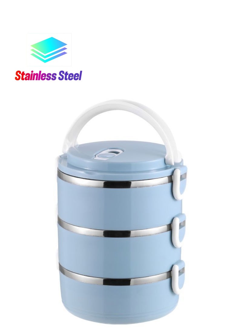 NIBEMINENT Three Layer Stainless Steel Insulated Lunch Box Blue/White 14.5x14.5x19centimeter - Image 1