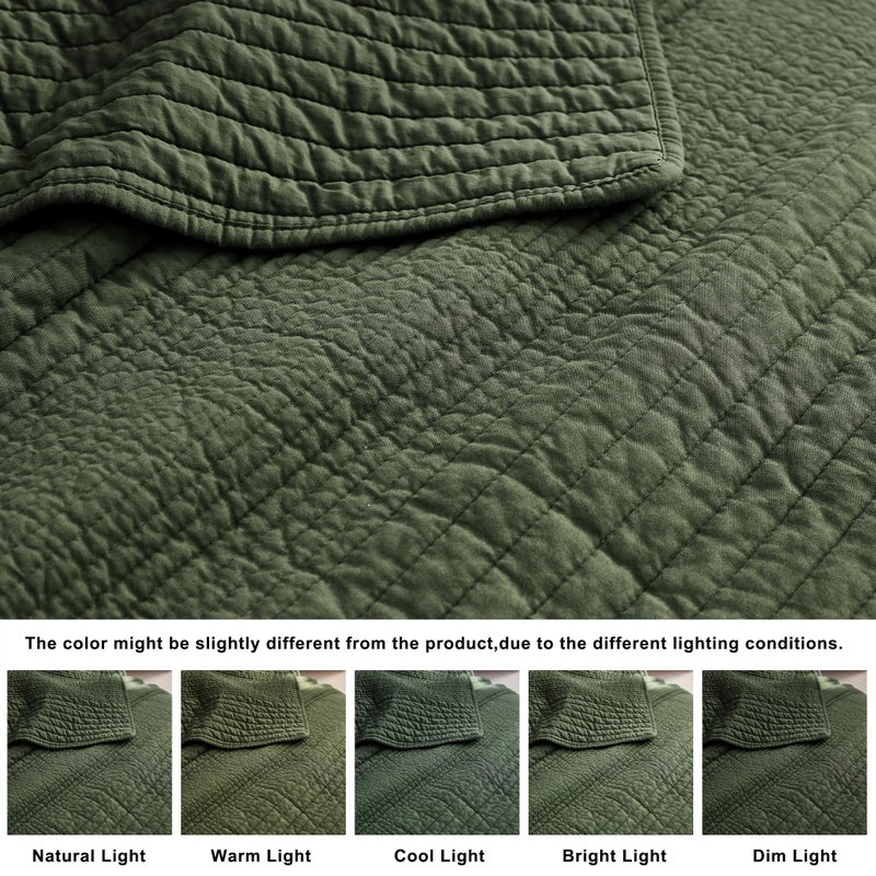palassio Striped Olive Green 100% Cotton Quilt Queen Size Bedding Sets, Lightweight Crinkly Channel Pick Stitch Textured Bedspread Soft Shabby Chic Farmhouse Country Coverlet for All Season, 2 Shams - Image 5
