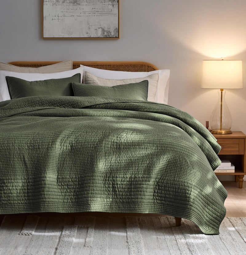 palassio Striped Olive Green 100% Cotton Quilt Queen Size Bedding Sets, Lightweight Crinkly Channel Pick Stitch Textured Bedspread Soft Shabby Chic Farmhouse Country Coverlet for All Season, 2 Shams - Image 1