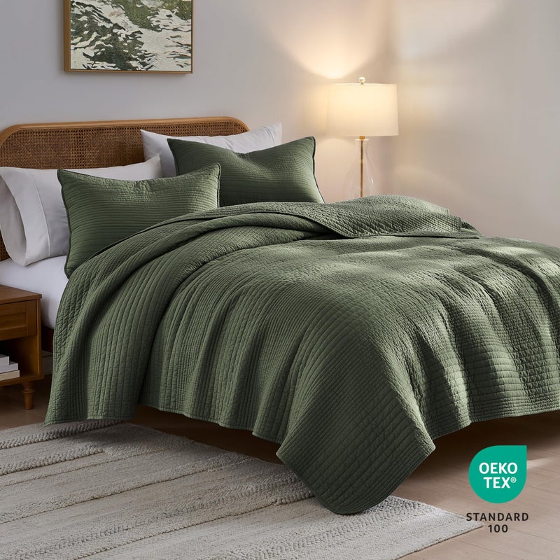 palassio Striped Olive Green 100% Cotton Quilt Queen Size Bedding Sets, Lightweight Crinkly Channel Pick Stitch Textured Bedspread Soft Shabby Chic Farmhouse Country Coverlet for All Season, 2 Shams - Image 2