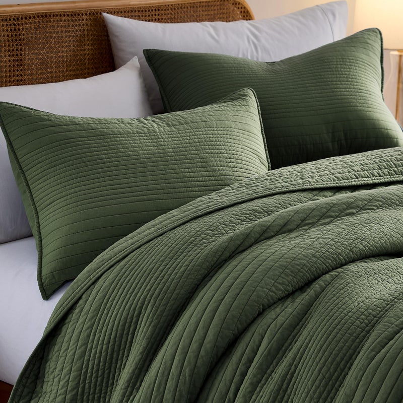 palassio Striped Olive Green 100% Cotton Quilt Queen Size Bedding Sets, Lightweight Crinkly Channel Pick Stitch Textured Bedspread Soft Shabby Chic Farmhouse Country Coverlet for All Season, 2 Shams - Image 3