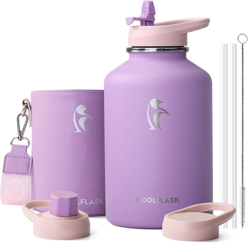 Coolflask 2L/64oz Lilac Purple Insulated Stainless Steel Water Bottle with PU Leather Sleeve, Straw Lids, Keeps Cold 48h Hot 24h - Image 1