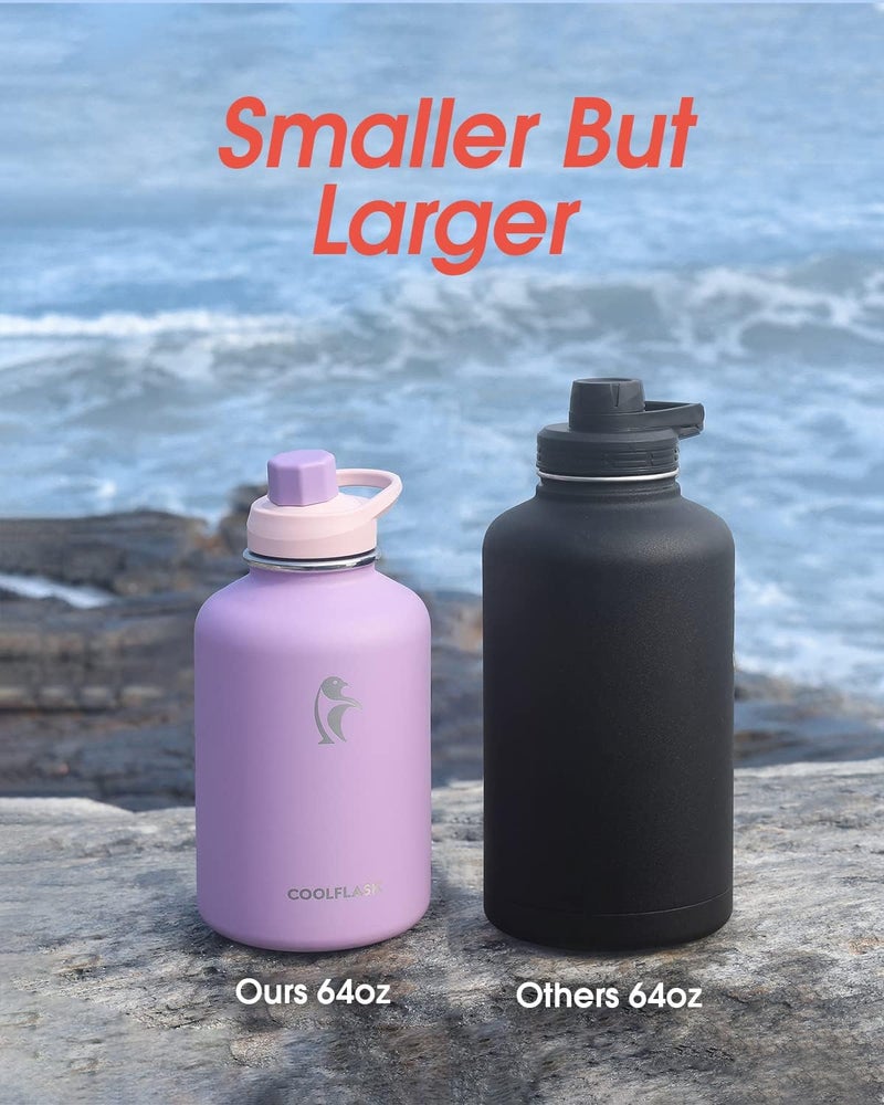 Coolflask 2L/64oz Lilac Purple Insulated Stainless Steel Water Bottle with PU Leather Sleeve, Straw Lids, Keeps Cold 48h Hot 24h - Image 2