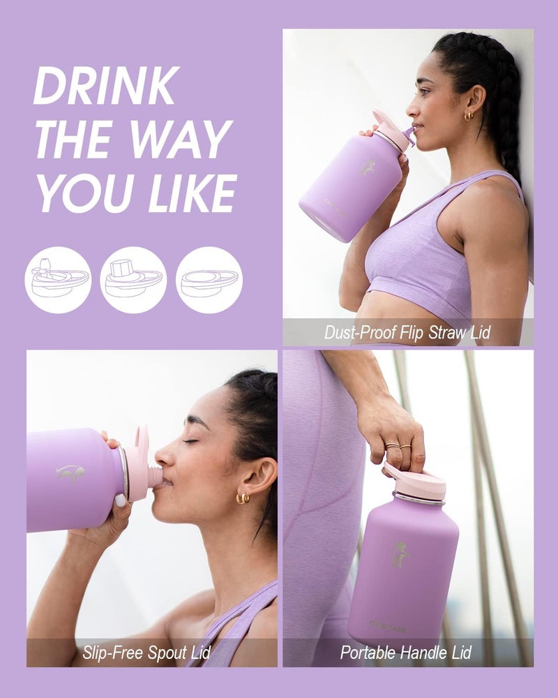 Coolflask 2L/64oz Lilac Purple Insulated Stainless Steel Water Bottle with PU Leather Sleeve, Straw Lids, Keeps Cold 48h Hot 24h - Image 5