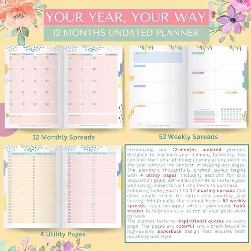 LAURET BLANC 12Months Undated Planner, 12 Monthly Spreads, 52 Weekly Spreads, Habit Tracker, Utility Pages, Paperback (Bloom Where You Are Planted) - Image 2