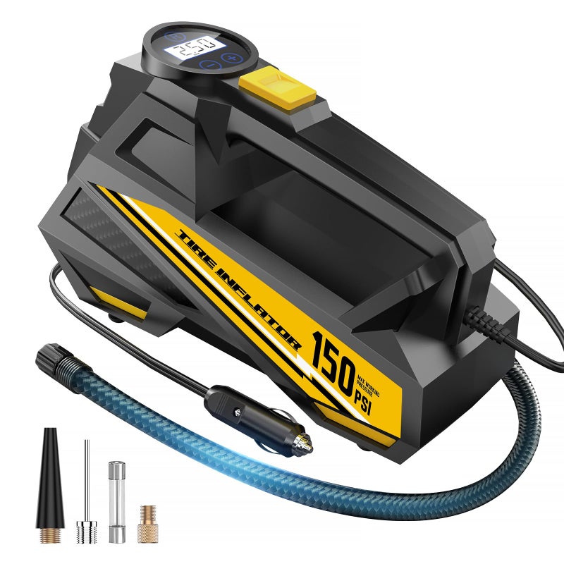 FLYKID Tire Inflator Portable Air Compressor- 12V DC Air Pump for Car Tires with 150PSI LCD Digital Gauge & Emergency LED Light,Auto Tire Pump for Cars,Motorcycles,Bikes,Balls (Yellow, Large) - Image 1