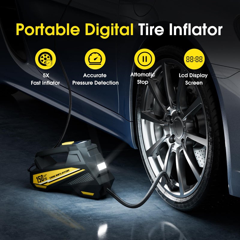 FLYKID Tire Inflator Portable Air Compressor- 12V DC Air Pump for Car Tires with 150PSI LCD Digital Gauge & Emergency LED Light,Auto Tire Pump for Cars,Motorcycles,Bikes,Balls (Yellow, Large) - Image 3