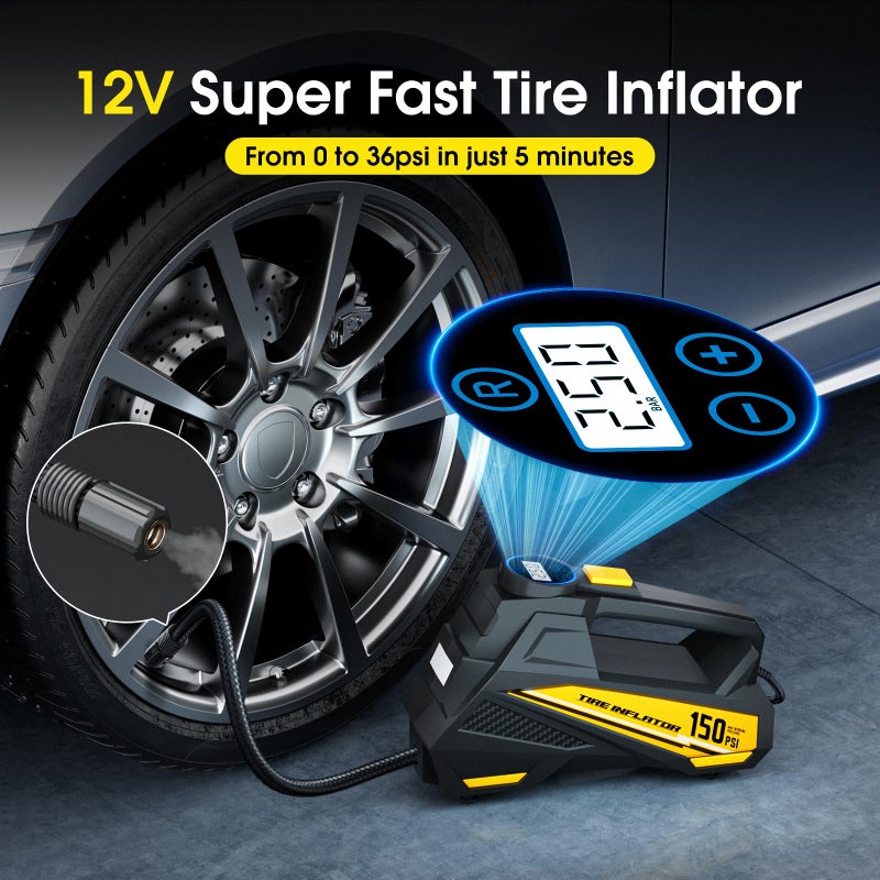 FLYKID Tire Inflator Portable Air Compressor- 12V DC Air Pump for Car Tires with 150PSI LCD Digital Gauge & Emergency LED Light,Auto Tire Pump for Cars,Motorcycles,Bikes,Balls (Yellow, Large) - Image 2