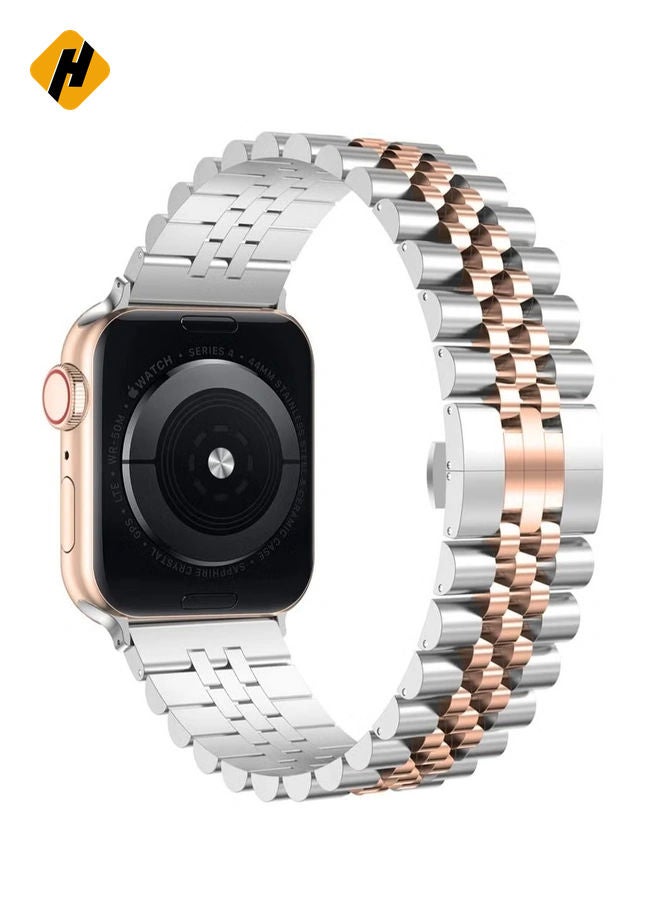 HuHa Compatible with Apple Watch Band 41mm 40mm 38mm, Stainless Steel Heavy Band with Butterfly Folding Clasp Link Bracelet for iWatch Series8/7/6/SE Series 5/4/3/Men Women ,Silver/Rose Gold  - Image 1