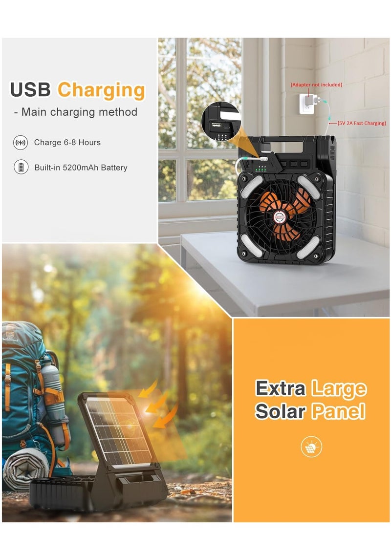 ALASAMCO Portable Solar Fan, 5200mAh Battery Powered Fan with LED Light, 4 Speeds Powerful Wind, Rechargeable Battery Operated Fan with 3 Timer & PowerBank for Hurricane Picnic Tent Home Travel - Image 2