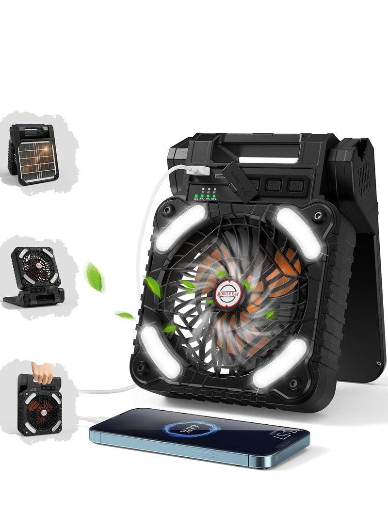 ALASAMCO Portable Solar Fan, 5200mAh Battery Powered Fan with LED Light, 4 Speeds Powerful Wind, Rechargeable Battery Operated Fan with 3 Timer & PowerBank for Hurricane Picnic Tent Home Travel - Image 1