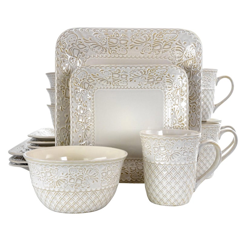 Elama Elama Ivory Lotus 16 Piece Square Dinnerware Set  - Image 1