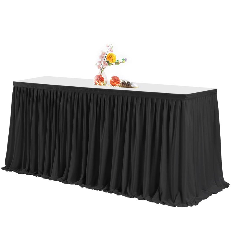 PARTISKY Black Polyester Rectangle Table Skirt, 6ft x 72in, Wrinkle Resistant, Pleated Ruffle, Perfect for Banquet, Wedding, Trade Show, Dining Table - Image 1