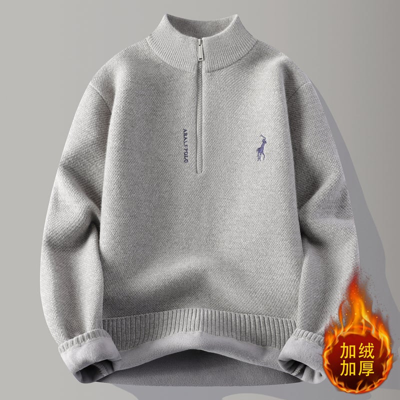 Cardigan Khaki Color Half-zip Sweater for Men's Integrated Fleece Winter Trendy Warm Knitwear Youth Thickened Fleece-lined Clothing