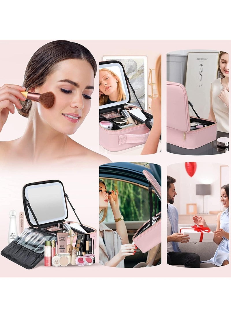 Yameem Yameem Travel Makeup Bag Organizer,Lighted Cosmetic Organizer,Portable Cosmetic Bag,3 Color LED Light Adjustable Storage Divider (Pink)  - Image 3