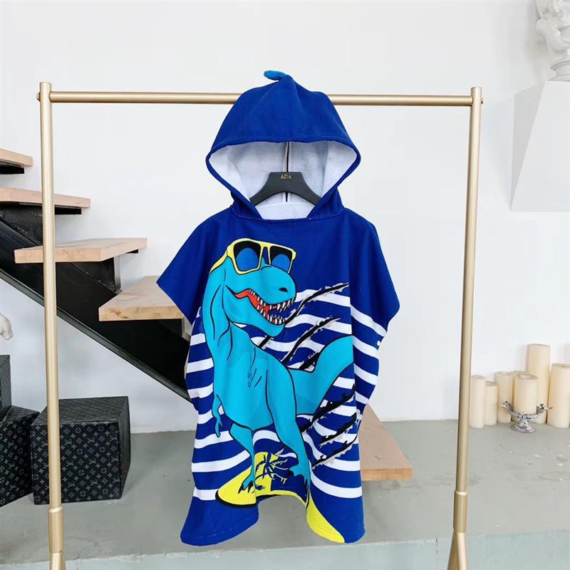 Kids Hooded Poncho Towel Quick-Dry Bathrobe Blue dinosaur 70*150cm (suitable for 1.0m-1.5m) comes with a backpack 