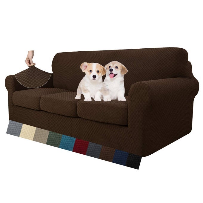 4 PIECE COUCH COVERS FOR 3 CUSHION COUCH SUPER STRETCH NON SLIP COUCH COVER FOR DOGS PET FRIENDLY ELASTIC JACQUARD FURNITURE PROTECTOR SOFA SLIPCOVERS SOFA DARK COFFEE