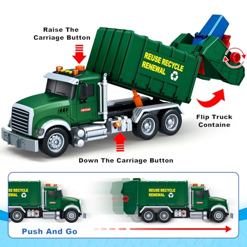 spring flower SpringFlower Toy for 3 4 5 6 7 Years Old Boy,15" Large Garbage Truck Toys for Kids,Friction Powered Garbage Truck with Sound and Light, Trash Bins,Learning Cards,Birthday Gifts for Boys & Girls - Image 2