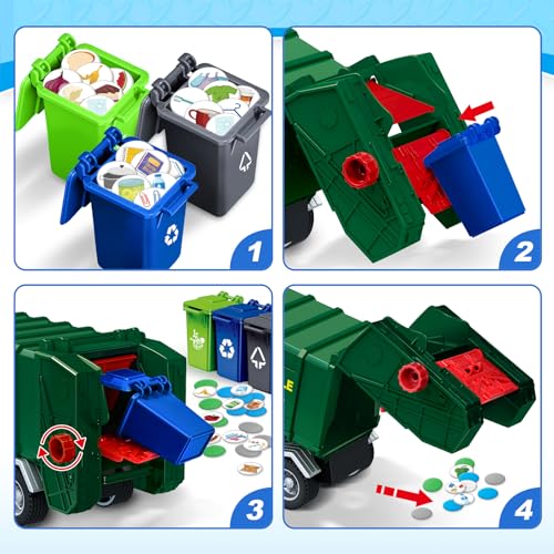 spring flower SpringFlower Toy for 3 4 5 6 7 Years Old Boy,15" Large Garbage Truck Toys for Kids,Friction Powered Garbage Truck with Sound and Light, Trash Bins,Learning Cards,Birthday Gifts for Boys & Girls - Image 3