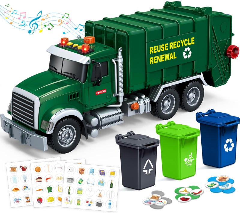 spring flower SpringFlower Toy for 3 4 5 6 7 Years Old Boy,15" Large Garbage Truck Toys for Kids,Friction Powered Garbage Truck with Sound and Light, Trash Bins,Learning Cards,Birthday Gifts for Boys & Girls - Image 1