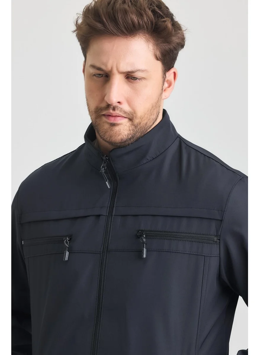 سيفيست Navy Blue Men's Cotton Polyester Blend Double Chest Zippered Water and Windproof Seasonal & Summer Coat