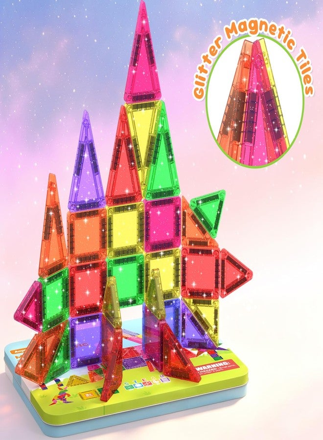Anyeve 46PCS Glitter Magnetic Tiles, Mini Magnetic Tiles Travel Set with Storage Case, Portable Magnetic Blocks Building Toys for Toddlers Kids Ages 3+ Classroom Learning Toys for Boys Girls Birthday Gift - Image 3