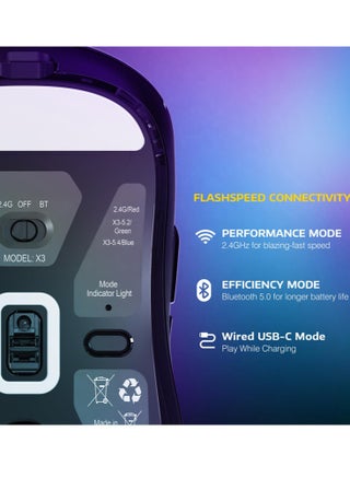 ماوس ألعاب لاسلكي خفيف الوزن X3 مع وضع ثلاثي 2.4G/USB-C سلكي/بلوتوث، حتى 26 ألف نقطة في البوصة، مستشعر بصري PAW3395، 5 أزرار قابلة للبرمجة للكمبيوتر الشخصي/الكمبيوتر المحمول/Win/Mac - view 4