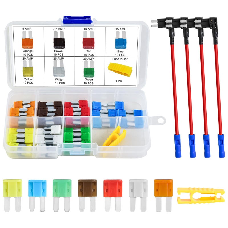 MuHize Micro2 Fuse Taps Upgraded 70 Pcs Micro2 Fuses with Fuse Tap 4 AddaCircuit Fuse Holder Adapters Blade Fuses5A 75A 10A 15A 20A 25A 30A with Puller