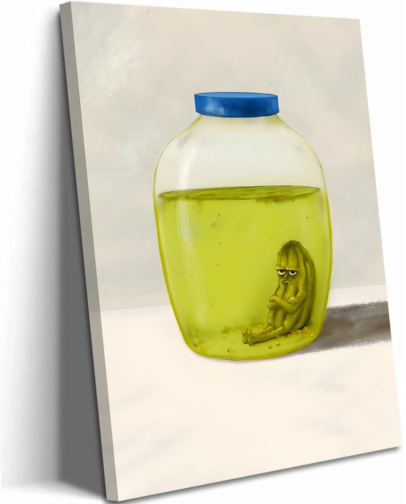 Hwetui Framed Funny Kitchen Canvas Wall Art, The Last Pickle in Green Cucumber Jar Pictures Wall Decor Paintings, Lonely Pickle Prints Eclectic Home Decor for Dining Room Living Room 12X16 inch - Image 1
