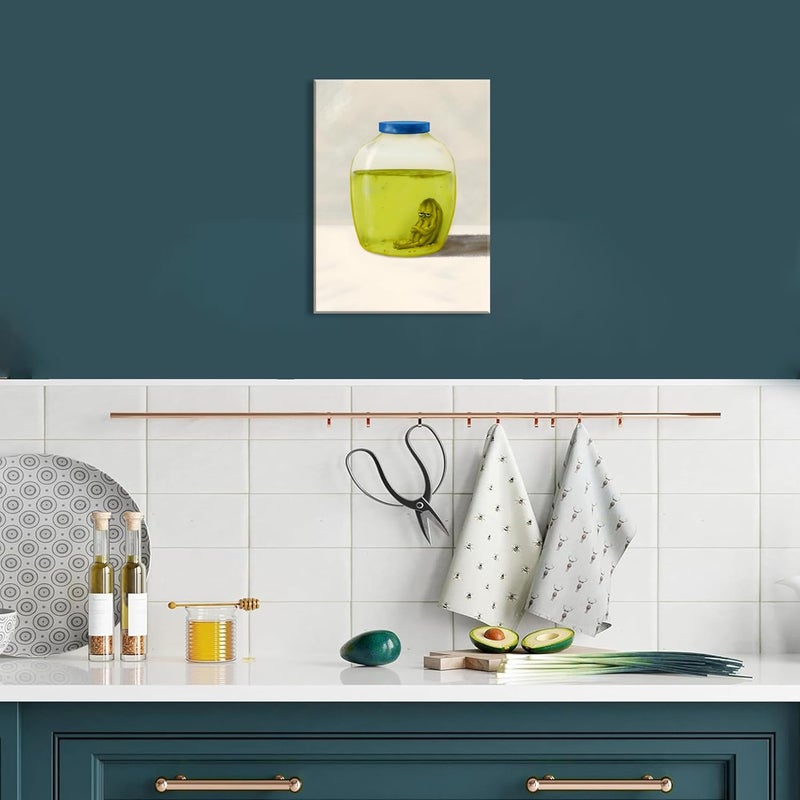Hwetui Framed Funny Kitchen Canvas Wall Art, The Last Pickle in Green Cucumber Jar Pictures Wall Decor Paintings, Lonely Pickle Prints Eclectic Home Decor for Dining Room Living Room 12X16 inch - Image 4