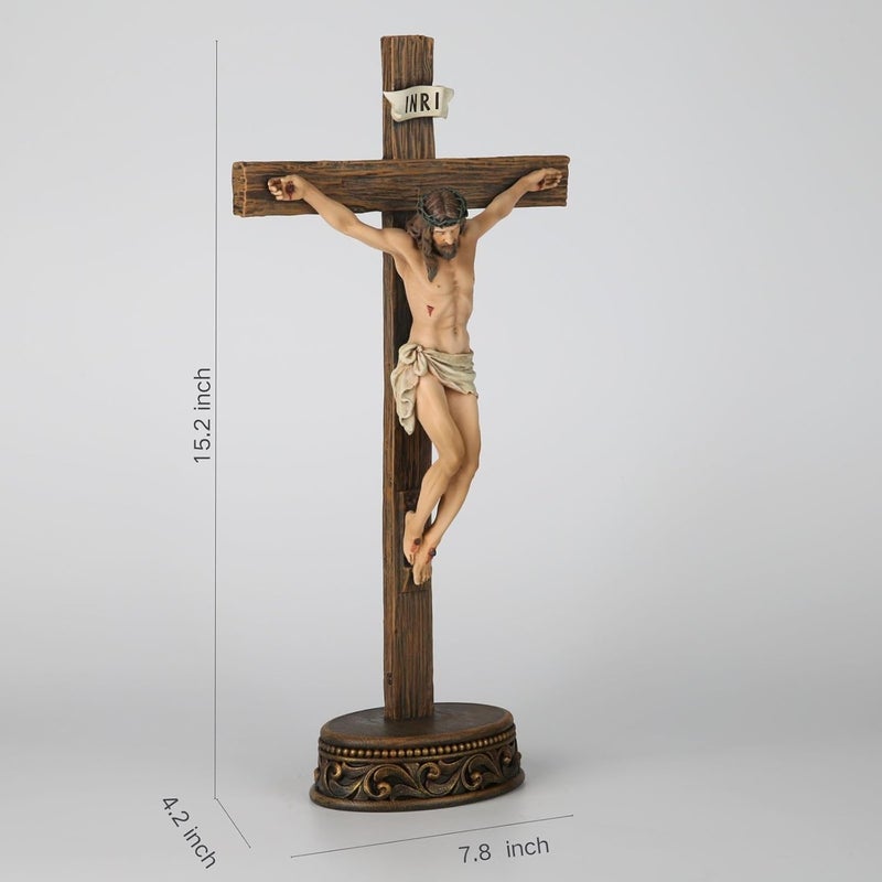 BC BUILDCLASSIC BC Catholic Crucifix Standing Cross, Jesus Christ Tabletop Home Decor, Religious Gift, Wood Carve Look, Realistic Color Finish, 15" H Renaissance Sculpture Hand Painted by Buildclassic - Image 5