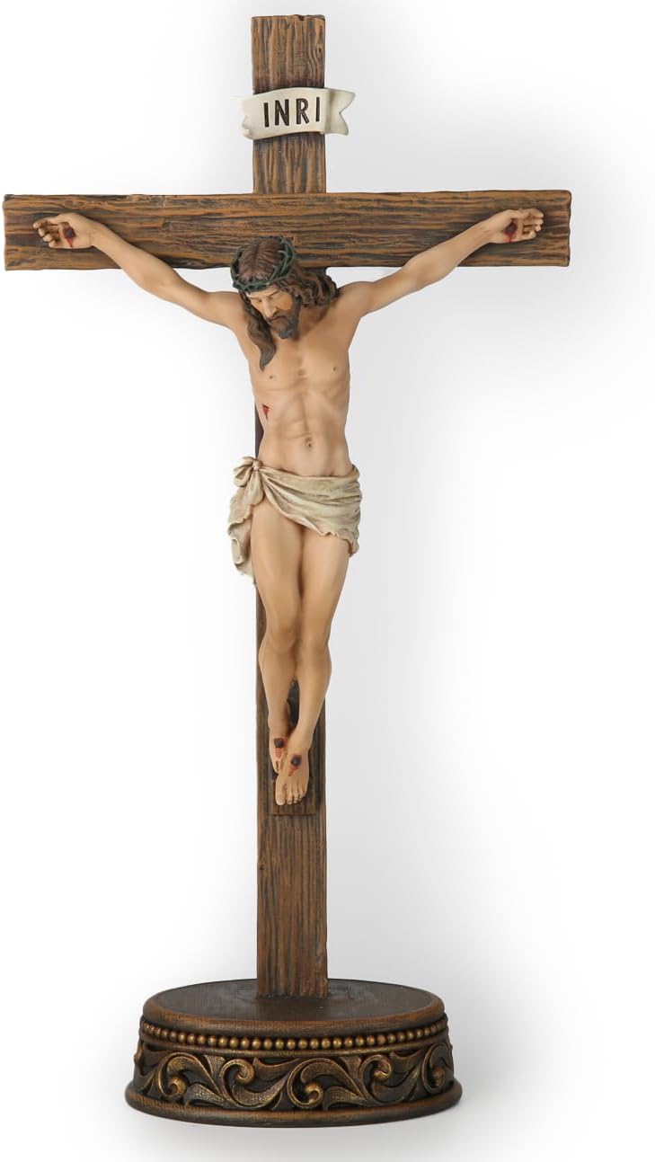 BC BUILDCLASSIC BC Catholic Crucifix Standing Cross, Jesus Christ Tabletop Home Decor, Religious Gift, Wood Carve Look, Realistic Color Finish, 15" H Renaissance Sculpture Hand Painted by Buildclassic - Image 1