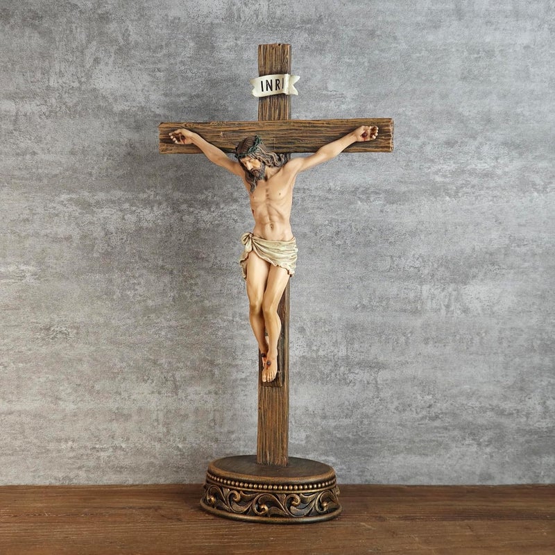 BC BUILDCLASSIC BC Catholic Crucifix Standing Cross, Jesus Christ Tabletop Home Decor, Religious Gift, Wood Carve Look, Realistic Color Finish, 15" H Renaissance Sculpture Hand Painted by Buildclassic - Image 3