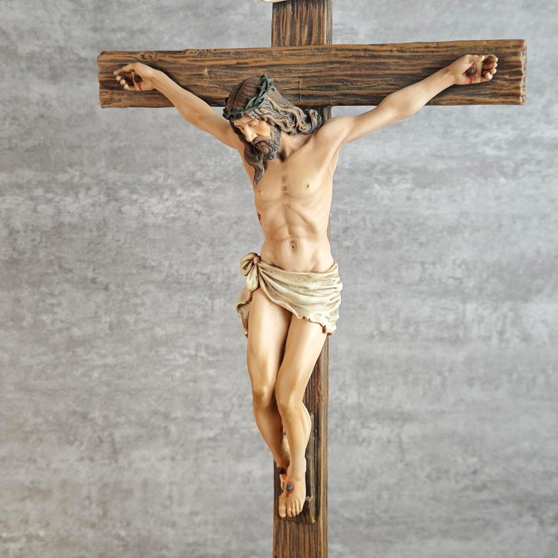 BC BUILDCLASSIC BC Catholic Crucifix Standing Cross, Jesus Christ Tabletop Home Decor, Religious Gift, Wood Carve Look, Realistic Color Finish, 15" H Renaissance Sculpture Hand Painted by Buildclassic - Image 2