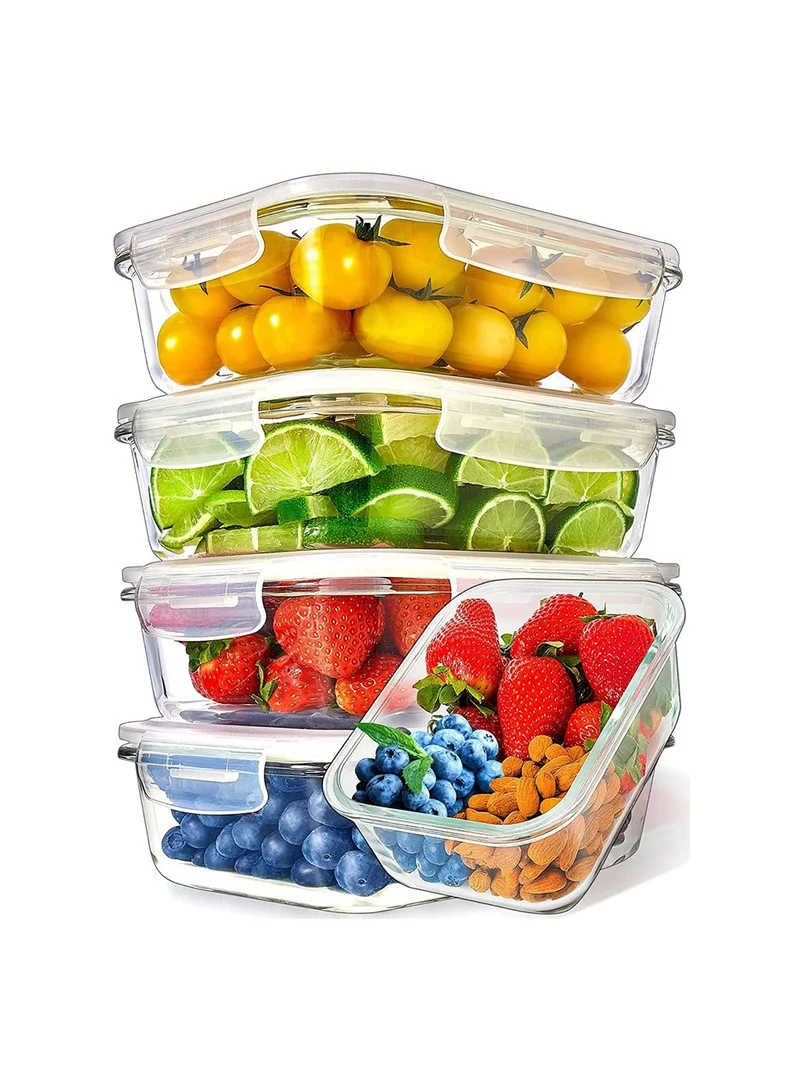 كويزيرا مجموعة تخزين الطعام الزجاجية مكونة من 5 حاويات طعام بأغطية - صندوق تخزين زجاجي محكم بأغطية - صندوق تخزين الطعام مناسب للميكروويف في غسالة الأطباق