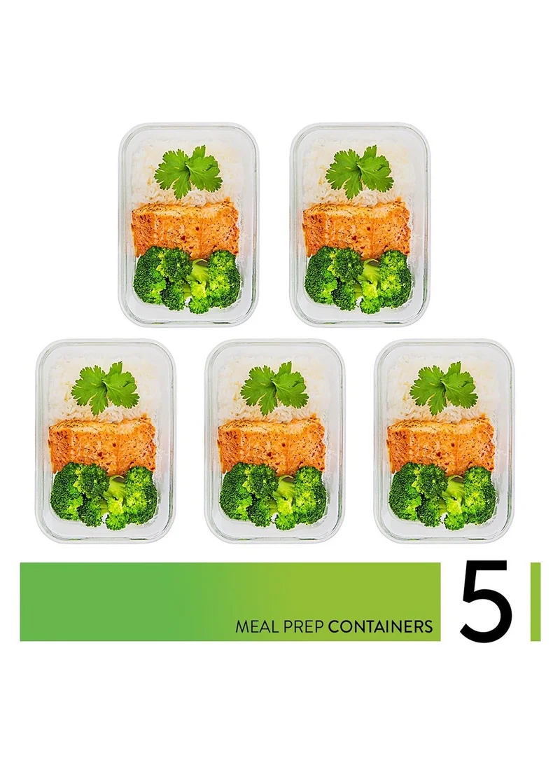 كويزيرا مجموعة تخزين الطعام الزجاجية مكونة من 5 حاويات طعام بأغطية - صندوق تخزين زجاجي محكم بأغطية - صندوق تخزين الطعام مناسب للميكروويف في غسالة الأطباق