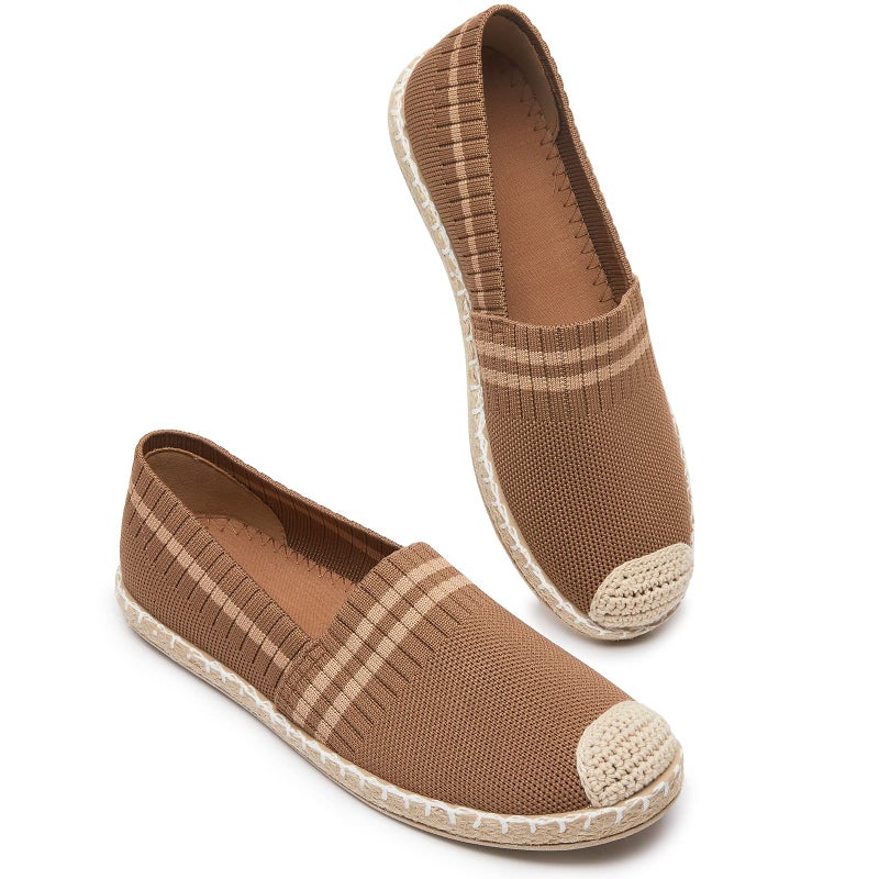 BABUDOG Womens Espadrilles Breathable Flats Shoes Mesh Slip on Loafers Soft White Flats(Brown.US5) - Image 1