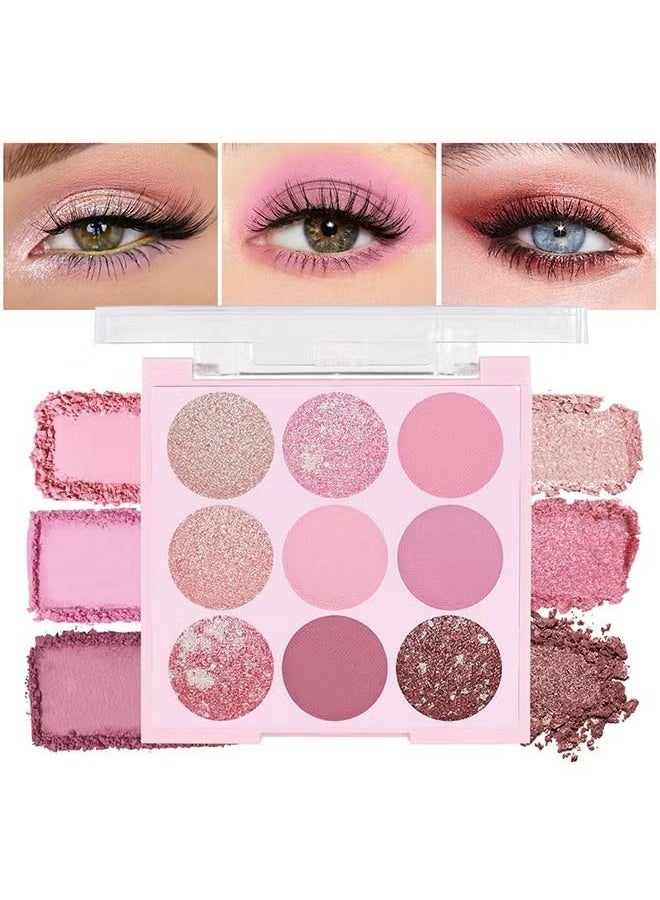 KAPEINE Pink Shimmer Eye Shadow Makeup Palette 9 Colors, Highly Pigmented Matte Glitter Shimmer Pearl Waterproof Party Sparkling Eyeshadow Palette (02#) - Image 1