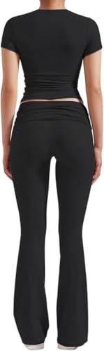 ZFLM Casual Workout Two Piece Outfits for Women Short Sleeve Crop High Waist Foldover Flare Pants Tracksuit Sets Streetwear - Image 4