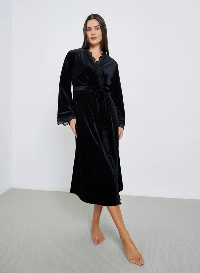 Styli Pack of 2 - Velvet Contrast Strap Slip Dress and Lace Trim Robe