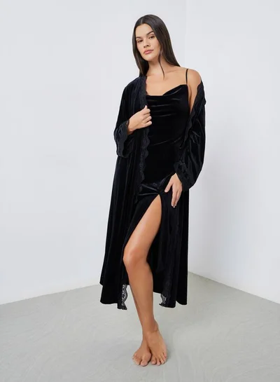 Styli Pack of 2 - Velvet Contrast Strap Slip Dress and Lace Trim Robe