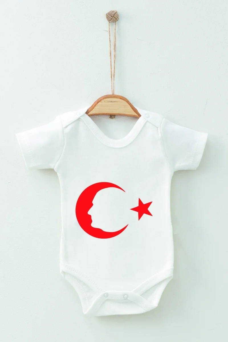 Ada Bebek Çocuk Ada Baby Kid Adabebek Cotton Organic Crescent Star Patterned Short Sleeve Bodysuit Baby Bodysuit
