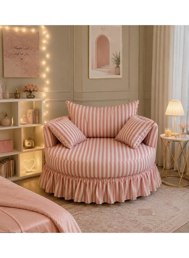 Modern round chair with pink stripes, cotton fabric, suede wood. - Image 1
